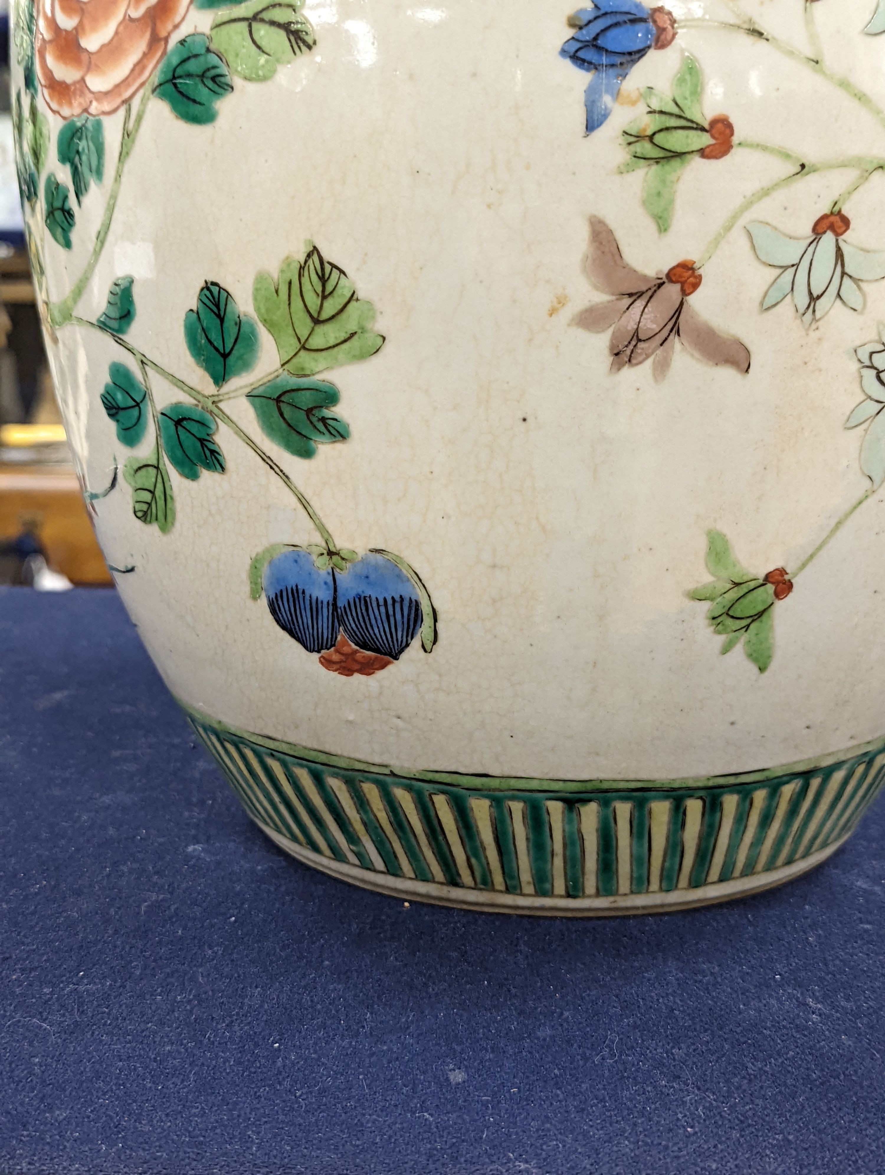 An early 20th century Chinese famille verte crackle glaze jar, 30cm